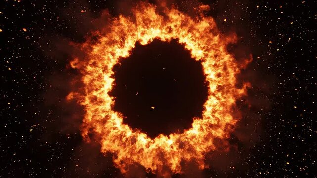 Circular ring of fire against black background ideal for creative backgrounds and modern web design