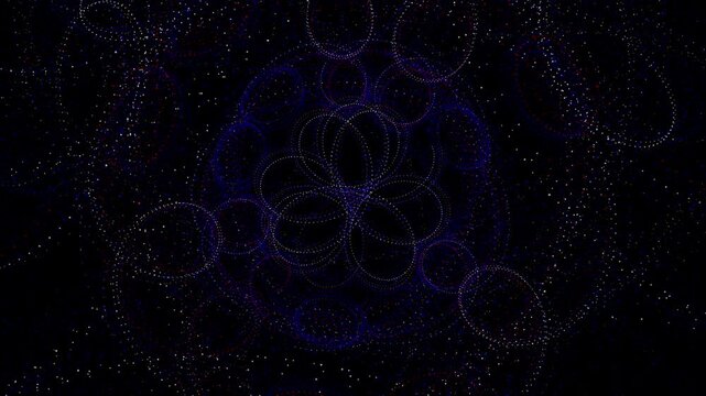 Kaleidoscopic Dotted Ring Mandala Flower Pattern in Blue Red and White Over a Twinkling Sparkling Starfield, Created in Adobe After Effects