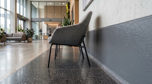 Lobby floodproofing details with waterproof coatings and elevated furniture legs main design elements sharply captured with understated background blur.