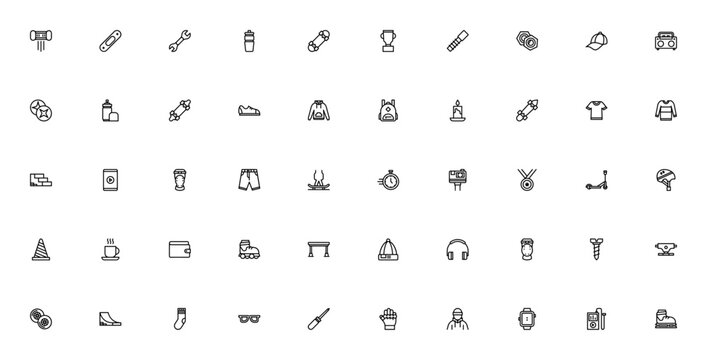 Skate icon set. Minimal vector line icons pack. Featuring hoverboard, skateboard, roller skate, longboard, scooter, helmet, kneepad, elbow pads, gloves, sneakers, backpack, and more. Editable stroke.