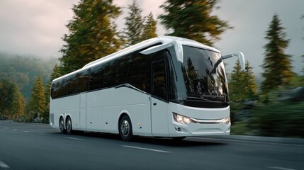 Obraz premium Modern white coach bus driving on highway through forested mountain road with fog and autumn trees in background, transportation and travel concept with motion blur.