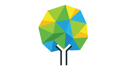Obraz premium Colorful Abstract Low Poly Tree Illustration with Geometric Canopy in Green Blue and Yellow Tones