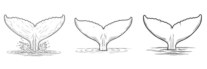 Set and collection of black outline sketch of whale tail splash isolated on white transparent png background © incredibleshots