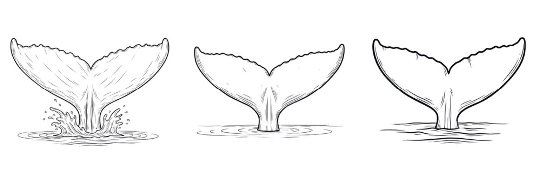 Set and collection of black outline sketch of whale tail splash isolated on white transparent png background