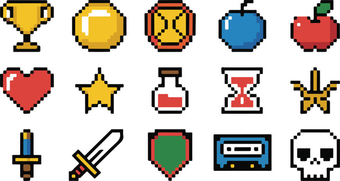 Pixel art game icons vector illustration trophy apple potion hourglass sword skull.