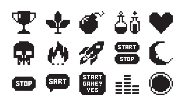 Monochrome pixel art game icons: trophy, skull, rocket, potion, heart, and buttons.