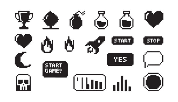 Pixel art set of game interface elements with icons buttons and inventory assets collection.