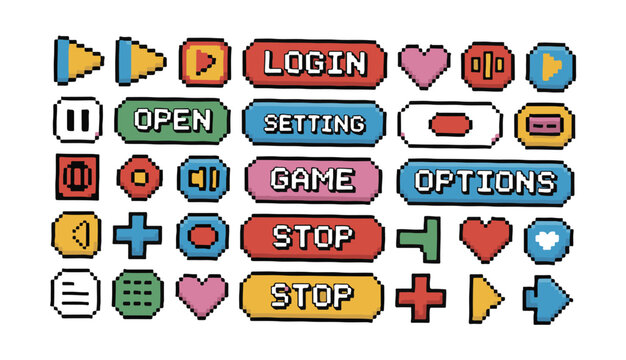 Colorful pixel game buttons set with login start stop setting and options interface elements.