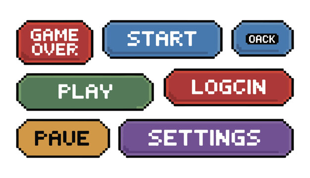 Set of pixel art game buttons with text game over, start, back, play, login, save, settings.