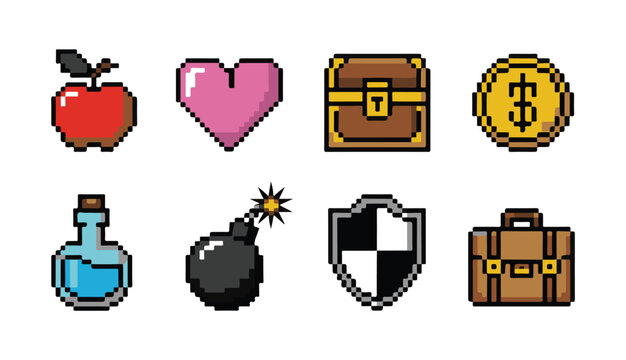 Set of pixel art game items with apple, heart, chest, coin, potion, bomb, shield, briefcase.