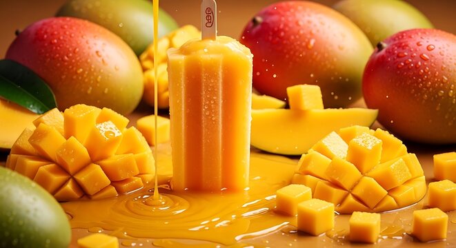 Refreshing mango popsicle surrounded by fresh fruit and juice