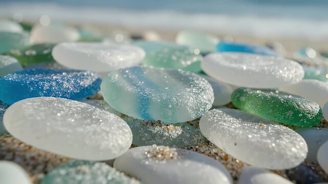 Colorful Round Sugar-Coated Candies Spilled Across a Grainy Beach Surface