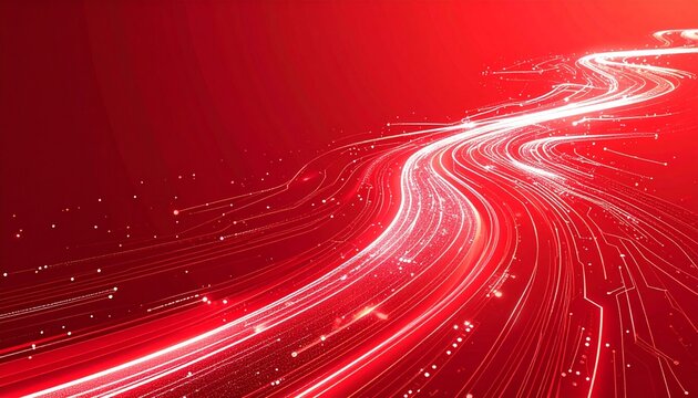 Bold red technology background with curved white circuit paths, modern digital flow concept, vector design for innovation and progress visuals