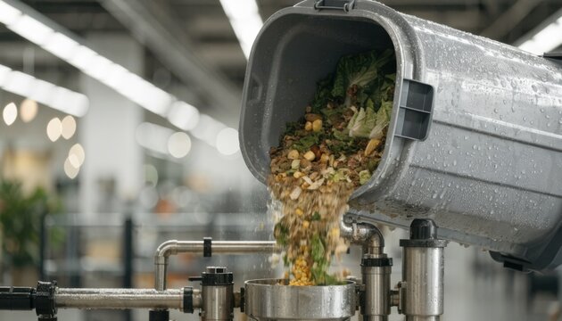 Medium shot of supermarket organic waste being emptied into a biogas digester feed system with blurred background emphasizing sustainable energy recovery process
