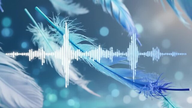 Floating blue feathers combined with a white pulsating audio sound wave, perfect for music visualizers and serene video backgrounds.