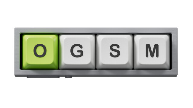 Wooden mannequin near tower of Computer keyboard keys with word ogsm.close up of Computer keyboard keys,Business Concept.Supports PNG files with transparent backgrounds.