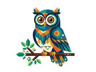 Naklejka premium Colorful geometric stylized owl sitting on a tree branch illustration.