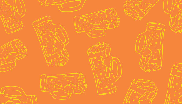 Beer seamless pattern background. Cartoon illustration of beer mug. Brewery beverage illustration. Oktoberfest drink pattern background.