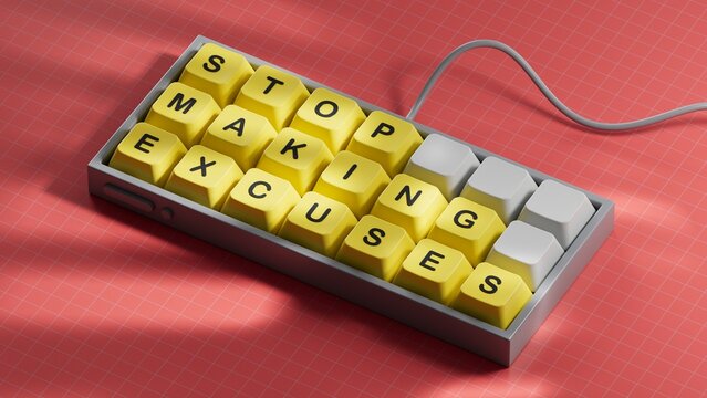 Computer keyboard keys and a wooden block with the text STOP MAKING EXCUSES. Computer keyboard keys. Copy space.3D rendering