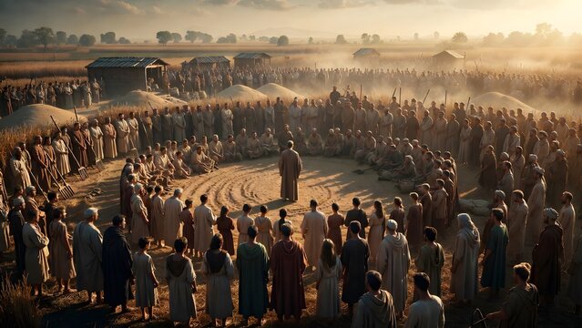 A grand public biblical scene centered on a revered figure standing before villagers, harvest workers, elders, and children assembled around a communal threshing floor in a moment of shared witness + 