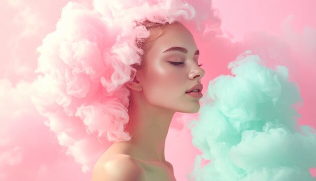 Woman with pink curly hair surrounded by pastel colored clouds in a soft dreamy environment viewed from the side.