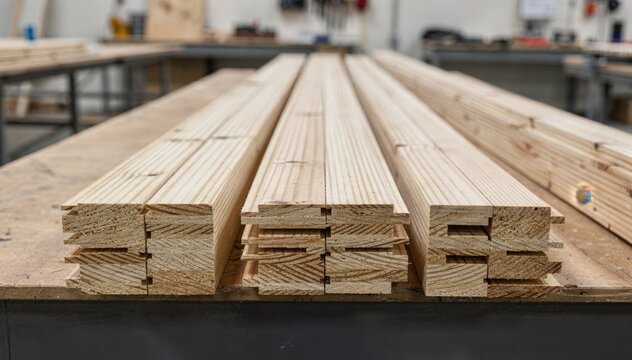 Medium shot of truss chord components with parallel strand lumber strands neatly aligned highlighting the preparation stage prior to resin application.