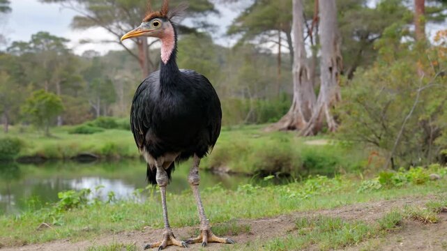 Bunting cranes forage in wetlands, a unique bird standing in the wild