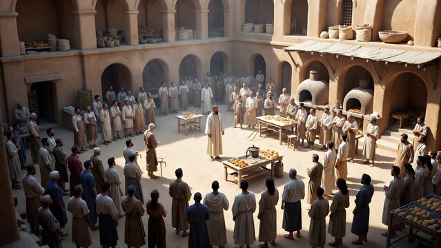 A formal biblical public event centered on a holy figure standing before bakers, householders, apprentices, elders, and travelers whose daily movement stops in collective attention + bakers&rsquo; courtyard