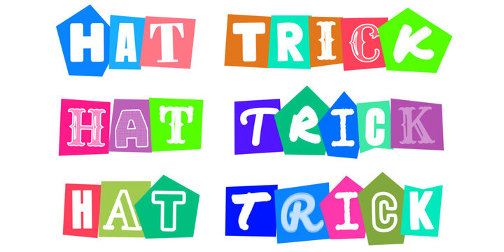 Hat Trick text design in ransom note style, colorful typography for sports and gaming graphics, creative lettering for hockey and soccer victory announcements, playful ransom font alphabet