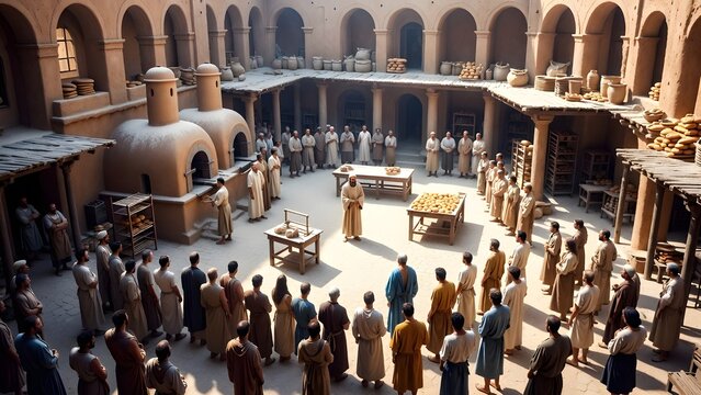 A formal biblical public event centered on a holy figure standing before bakers, householders, apprentices, elders, and travelers whose daily movement stops in collective attention + bakers&rsquo; courtyard