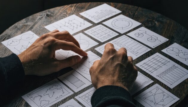 Closeup of hands pointing at wireframe sketches of a transparency dashboard highlighting detailed planning for public budget visualization.