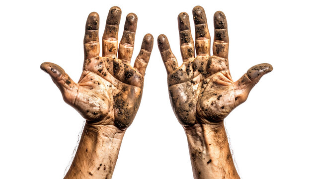 Close up view of a pair of human hands completely covered in dark brown mud and dirt, showing the hard work involved in strenuous manual labor or outdoor gardening&nbsp;&nbsp;
