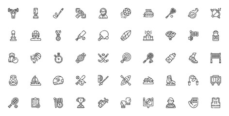 Sports icon pack. Minimal thin line web icons set. Vector illustration. Featuring weight lifting, punching bag, golf, dumbbell, soccer, basketball, tennis, swimming, cycling, baseball, boxing, and mor © wang