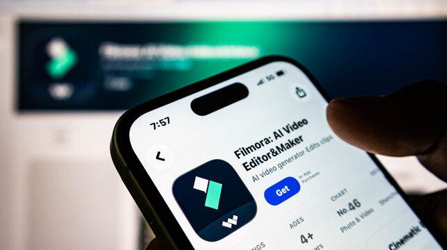 Closeup of a hand holding a smartphone displaying the filmora ai video editor maker app page on the apple app store