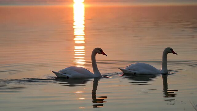 Two swans playing on the lake at sunset