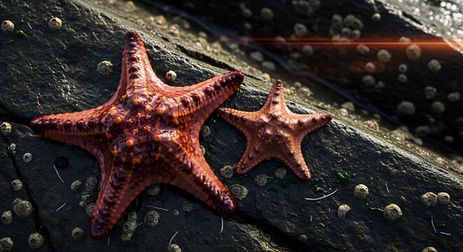 Two orange starfish resting on dark wet rocks with barnacles