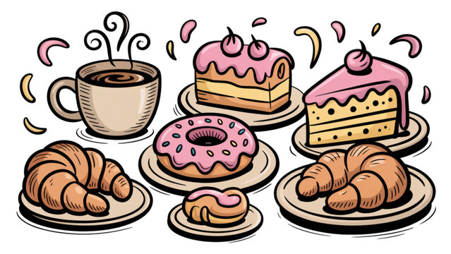 Colorful assortment of pastries and coffee on a table Vector