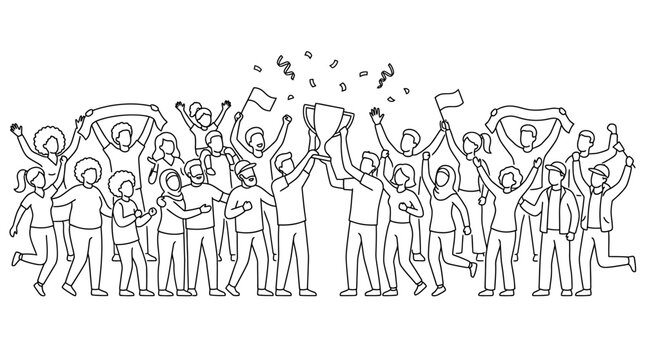 Happy crowd of people cheering with trophy cup sketch.