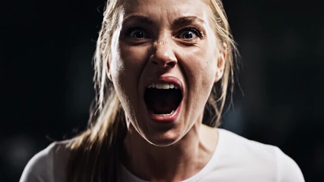 Close-up of an angry woman screaming with a furious expression, showing intense emotion and frustration.
