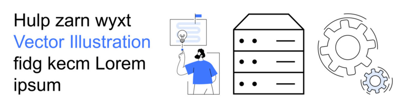Data management, technology innovation, system integration, idea generation, software development, engineering processes. a person with an idea and server icons. Data management and technology