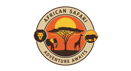 African Safari Adventure Emblem: Lion, Elephant, Giraffe, Rhino, Sunset © selendang