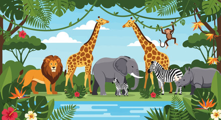 African Safari Animals Jungle Scene Illustration © selendang