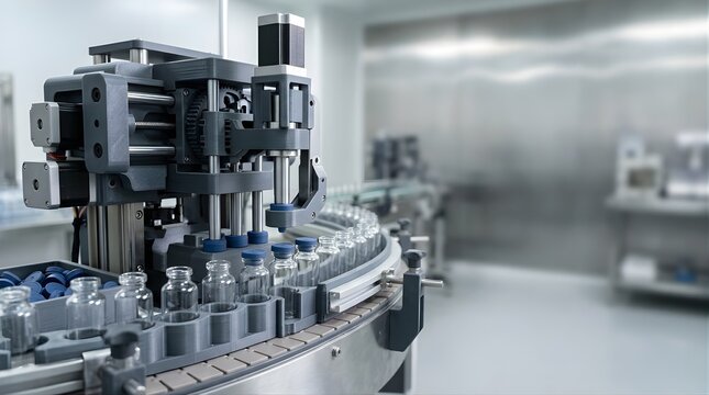 Automated pharmaceutical filling machine processing vials in a laboratory