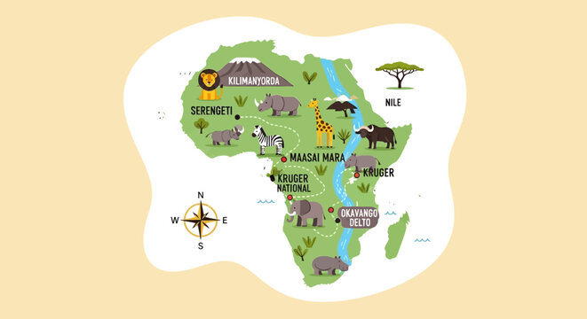 Africa map with animals and landmarks, safari tourism concept