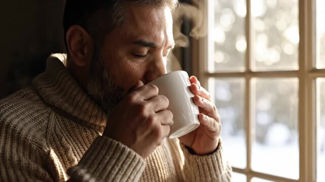 Middle-aged man enjoying a warm drink by the window on a cold day, finding comfort and relaxation in the moment.