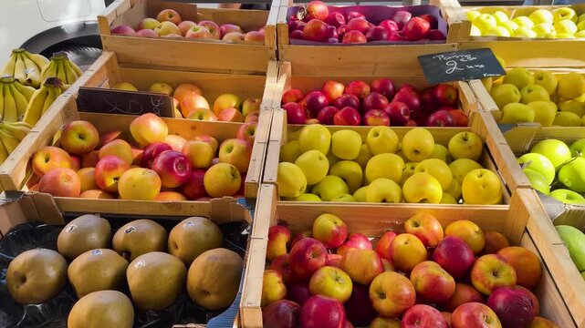 Fresh Organic Apples and Fruit in Wooden Crates at Cassis Market