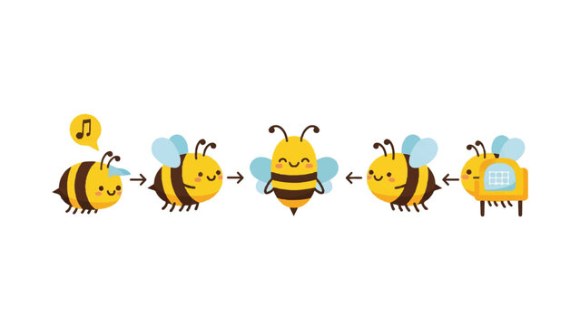 Cartoon bees in different positions flying.