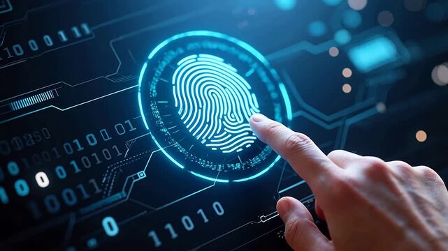 finger touches fingerprint on blue digital interface