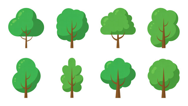 Six green cartoon trees in a row with different shapes and sizes Vector