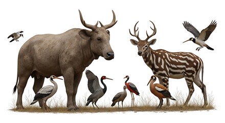 Naklejka premium Collection of wild animals including buffalo and deer and birds